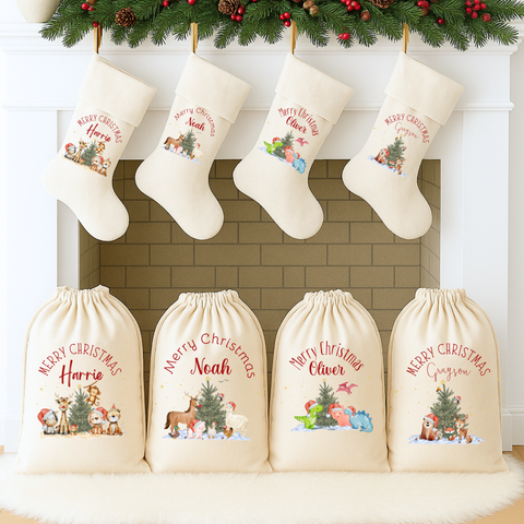 Personalised Christmas Stockings for Boys – Dinosaur, Farmyard, Safari & Forest Animal Designs