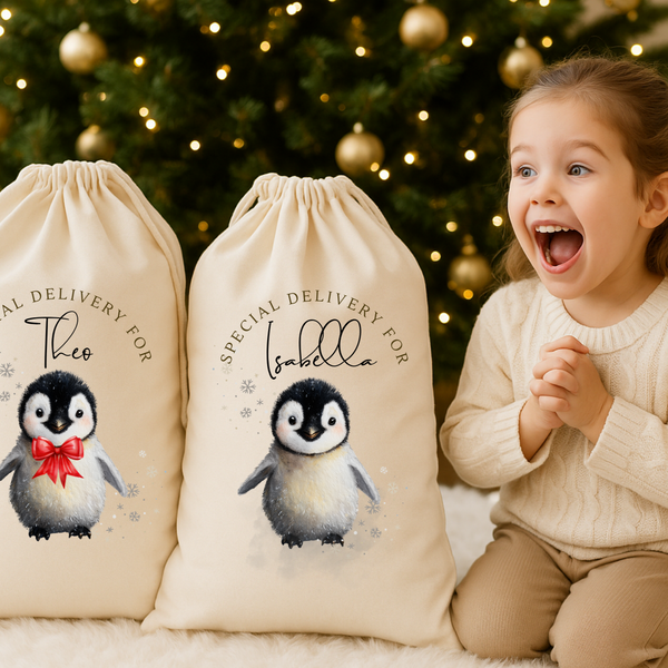 Personalized Penguin Christmas Gift Sack – Custom Santa Sack with Name for Kids & Babies