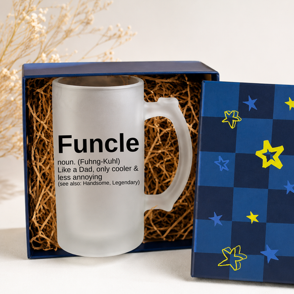 Personalised Funcle Gift – Beer Stein, Bottle Opener & Coaster