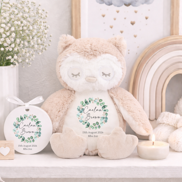 Personalised Soft Toy for New Babies with Eucalyptus Wreath