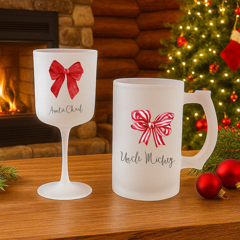 Personalised Bow Christmas Glass Set – Matching Wine & Beer Glasses for Aunties & Uncles | Festive Holiday Gift