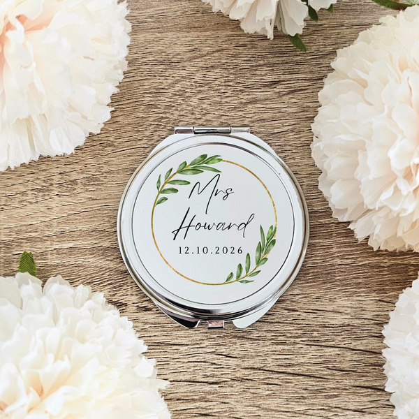 Personalised Bride Compact Mirror Leaf Design