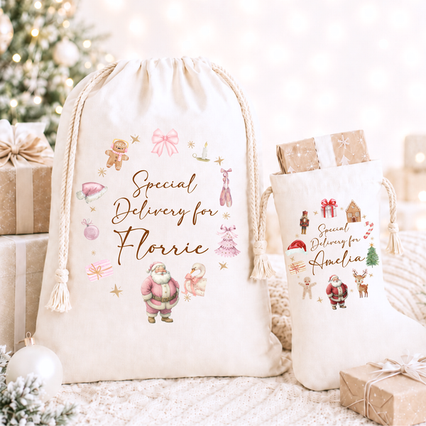 Personalised Christmas Santa Wreath Stockings & Present Sacks