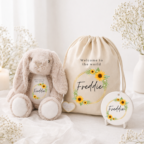 Personalised Sunflower Baby Bunny, Newborn Gift