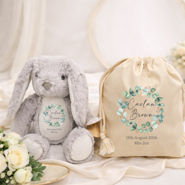 Personalised Soft Toy for New Babies with Eucalyptus Wreath