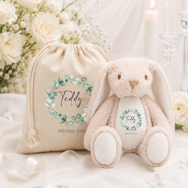 Personalised Soft Toy for New Babies with Eucalyptus Wreath