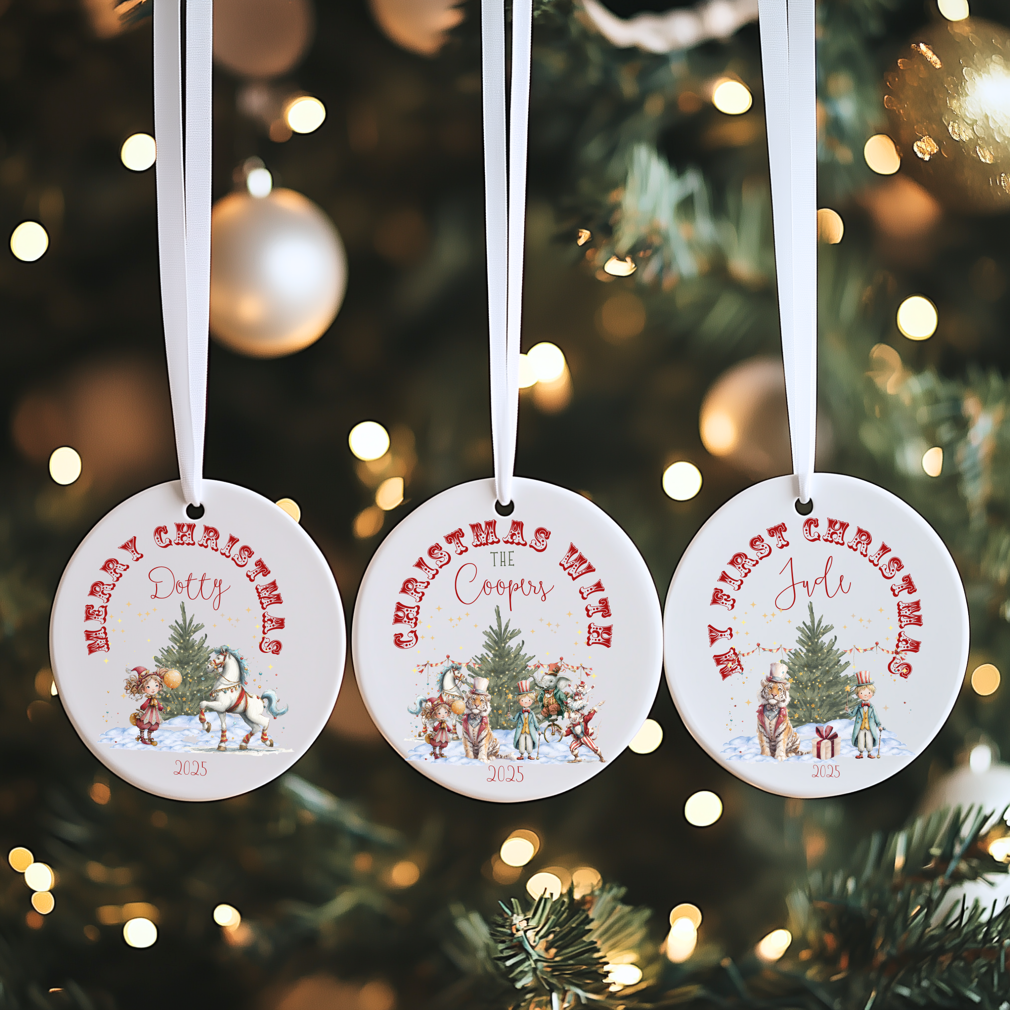 Personalised Circus Christmas Ornament – Custom Ceramic Hanging Decoration | Family Keepsake, Baby’s First Xmas, Festive Holiday Gift