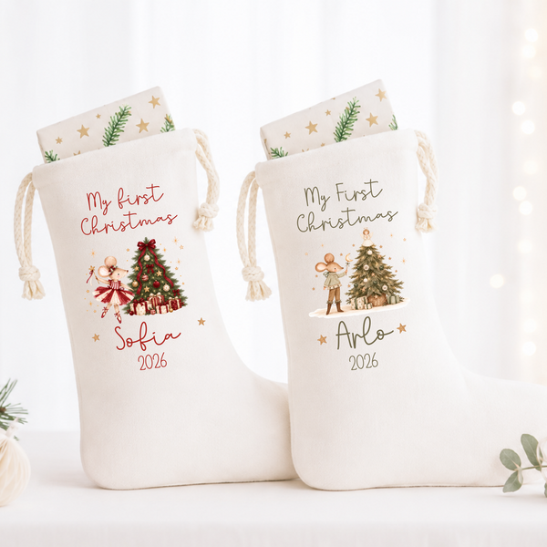 Personalised Baby’s First Christmas Mouse Stocking, Santa Sack or Set