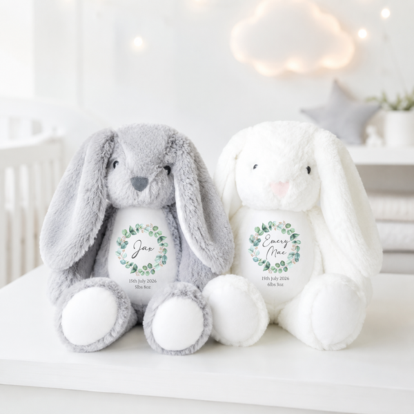 Personalised Soft Toy for New Babies with Eucalyptus Wreath