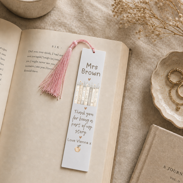 Personalised Teacher Bookmark – Floral Book Stack Design