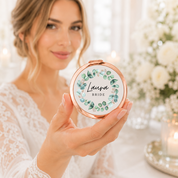 Personalised Bride Compact Mirror Leaf Design