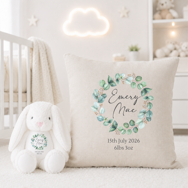 Personalised Soft Toy for New Babies with Eucalyptus Wreath