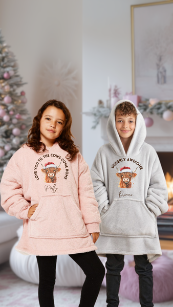 Personalised Highland Cow Kids Hoodie, Kids Christmas Gifts, Kids Blanket Hoodie