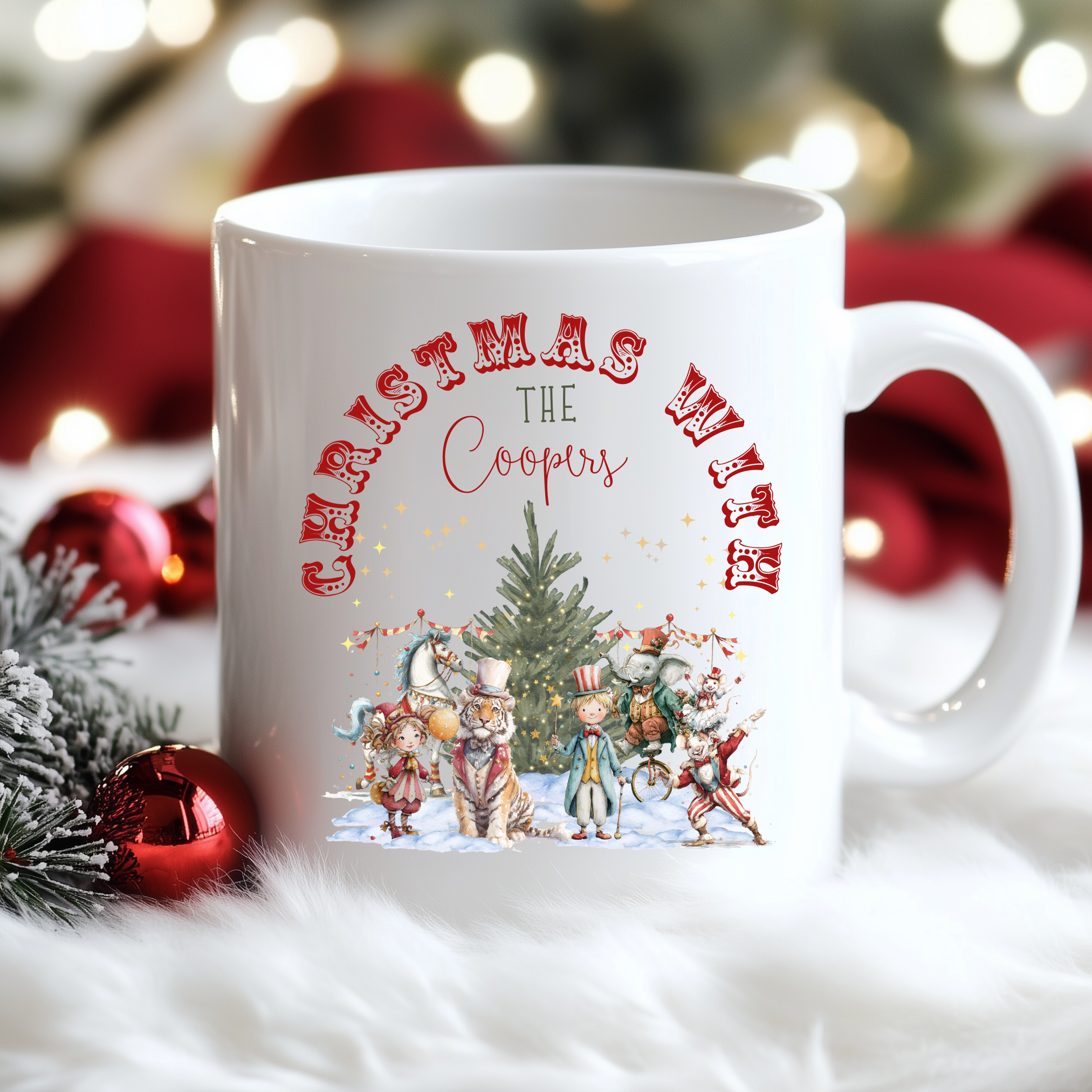 Personalised Circus Christmas Mug – Custom Name Festive Hot Chocolate Cup for Families