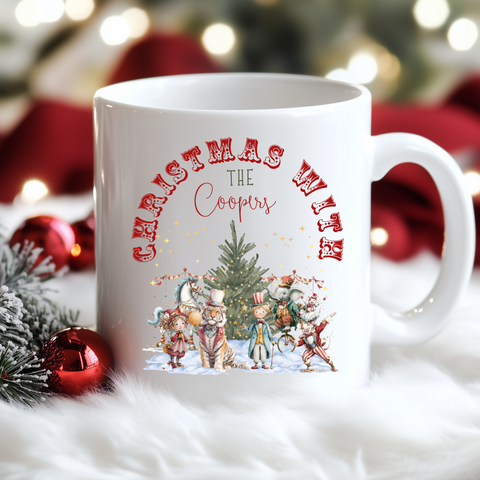 Personalised Circus Christmas Mug – Custom Name Festive Hot Chocolate Cup for Families