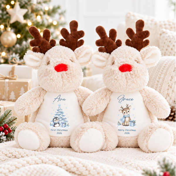 Personalised First Christmas Soft Toy – Reindeer, Bear, Deer or Penguin