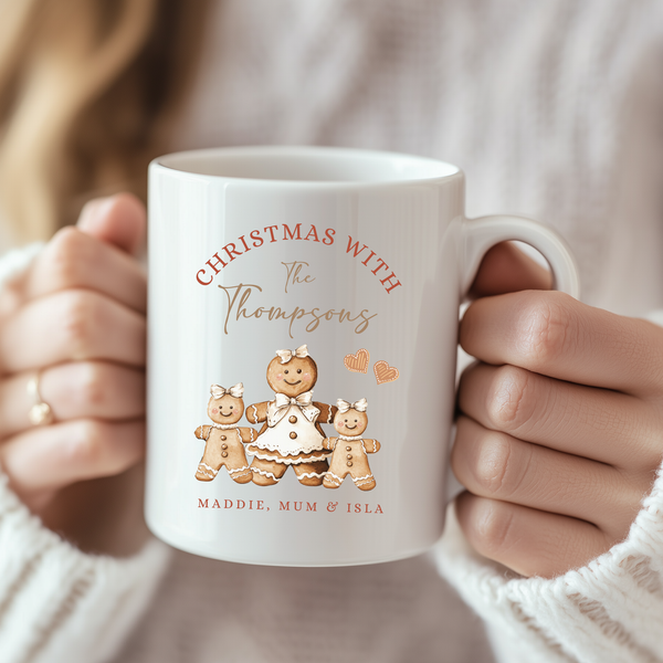 Personalised Gingerbread Christmas Mug & Coaster Set – Custom Family Hot Chocolate & Coffee Cups