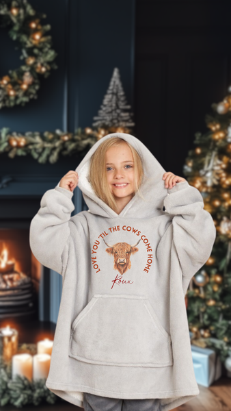 Personalised Highland Cow Kids Hoodie, Kids Christmas Gifts, Kids Blanket Hoodie