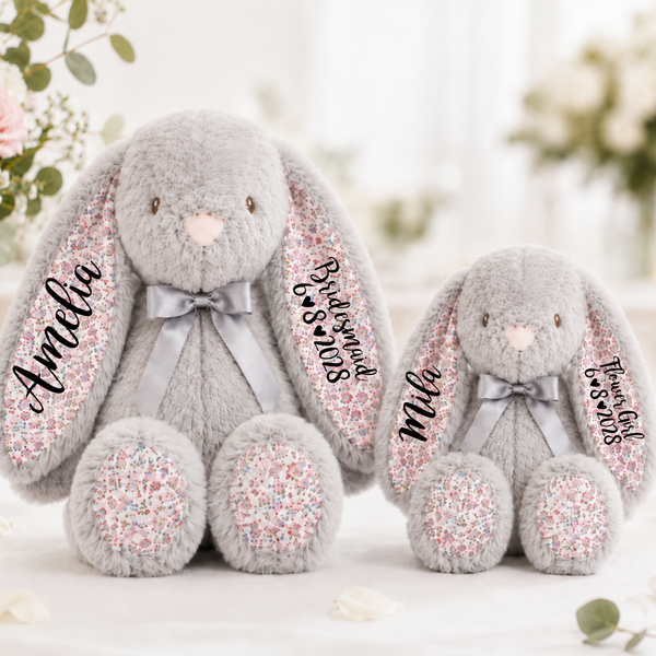 Personalised Grey Floral Bunny for Bridesmaids (14 Inch)