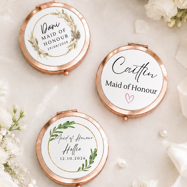 Personalised Compact Mirrors for Maid of Honour with Heart