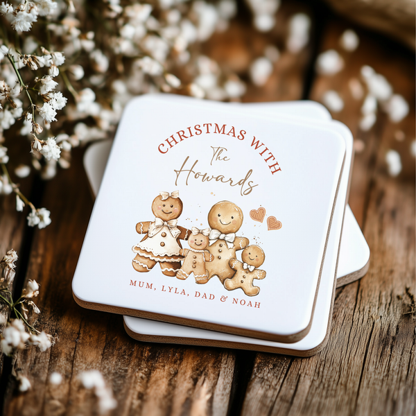 Personalised Gingerbread Christmas Mug & Coaster Set – Custom Family Hot Chocolate & Coffee Cups