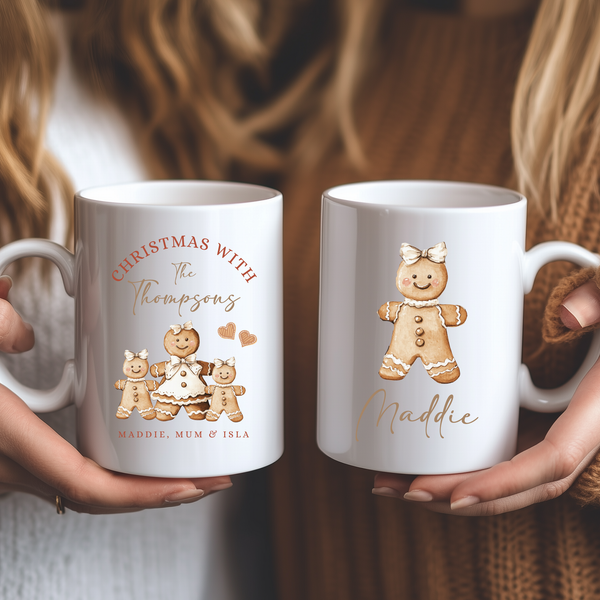 Personalised Gingerbread Christmas Mug & Coaster Set – Custom Family Hot Chocolate & Coffee Cups