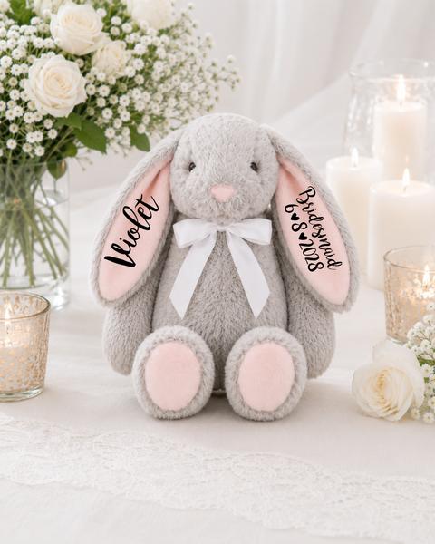 Conejito gris personalizado con orejas rosas para damas de honor
