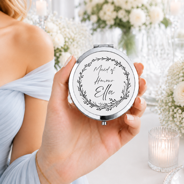Personalised Compact Mirrors for Maid of Honour with Heart