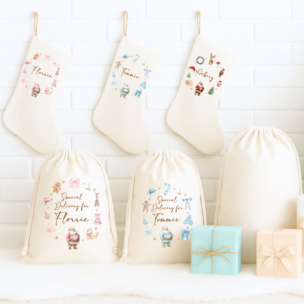 Personalised Christmas Santa Wreath Stockings & Present Sacks