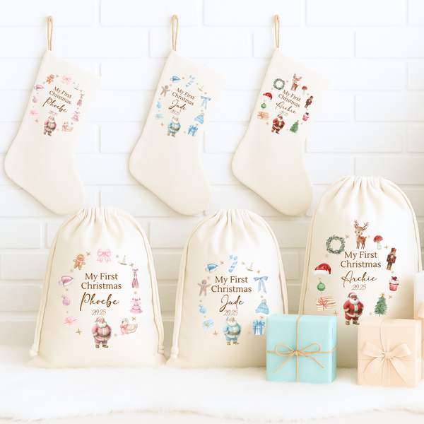 My First Christmas Stockings & Sacks – Personalised Baby’s First Christmas Gift