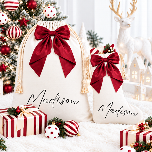 Personalised Christmas Stockings & Sacks with Bows
