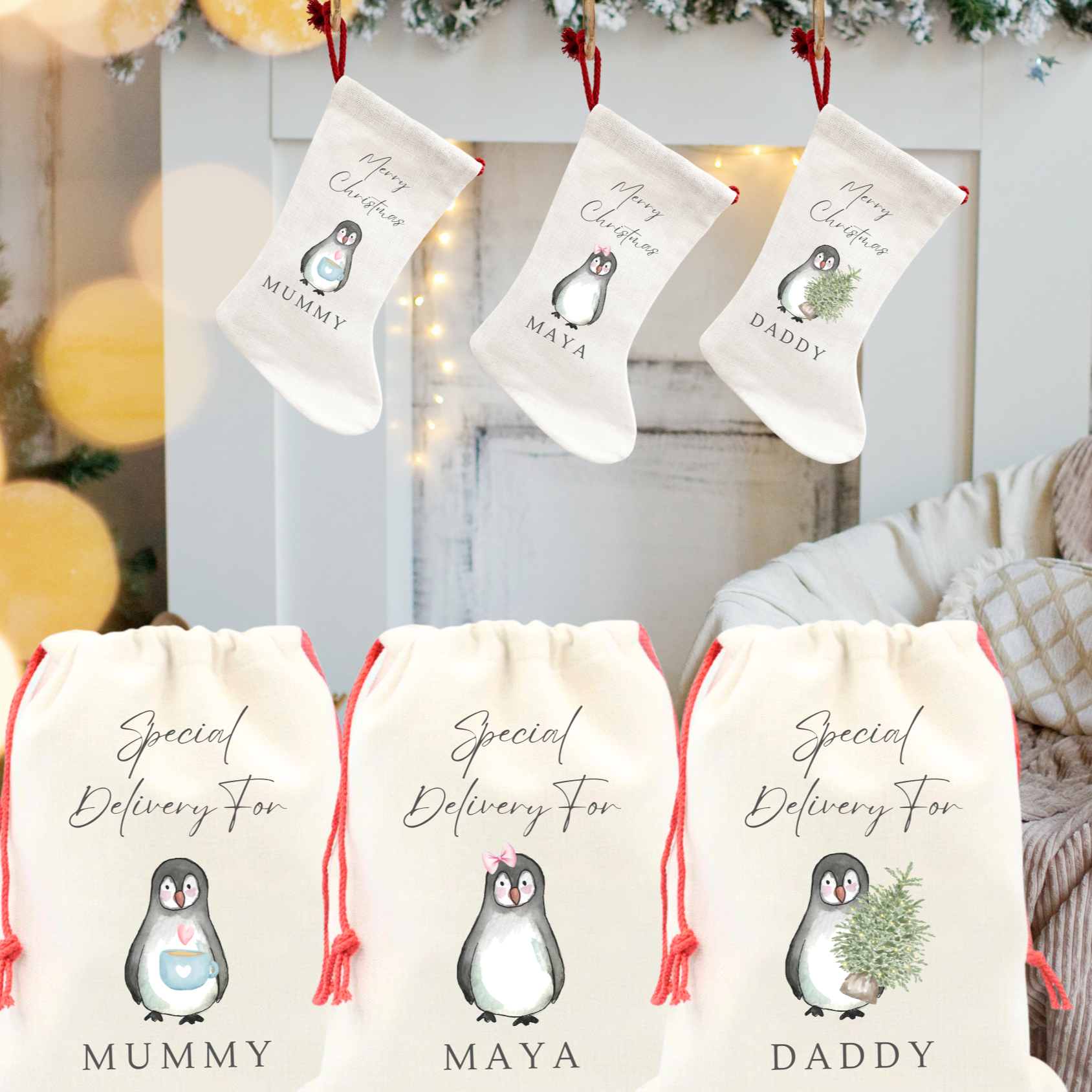 Personalised Penguin Family Stockings