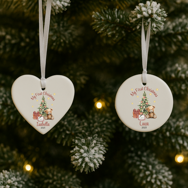 Personalised Teddy Bear Design First Christmas Ceramic Hanging