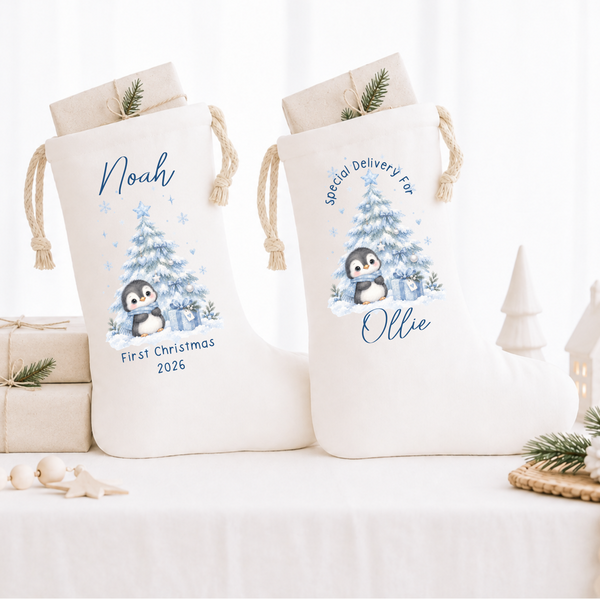 Personalised Penguin Christmas Stocking - Baby's First Christmas Keepsake