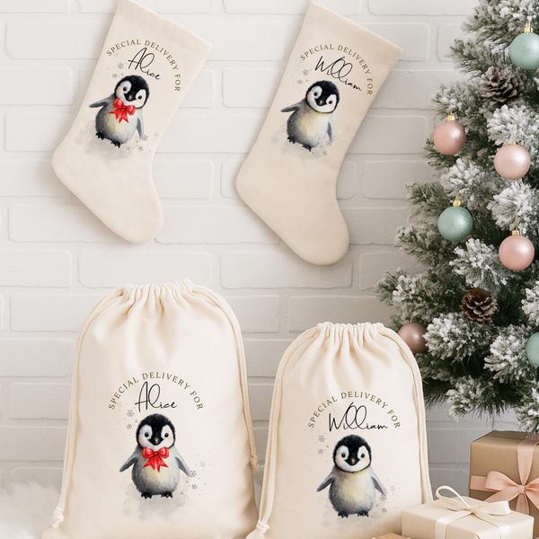 Personalized Penguin Christmas Gift Sack – Custom Santa Sack with Name for Kids & Babies