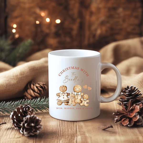 Personalised Gingerbread Christmas Mug & Coaster Set – Custom Family Hot Chocolate & Coffee Cups