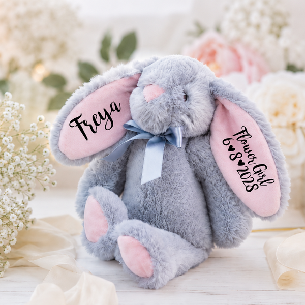 Personalised Grey Bunny with Pink Ears for Flower Girls