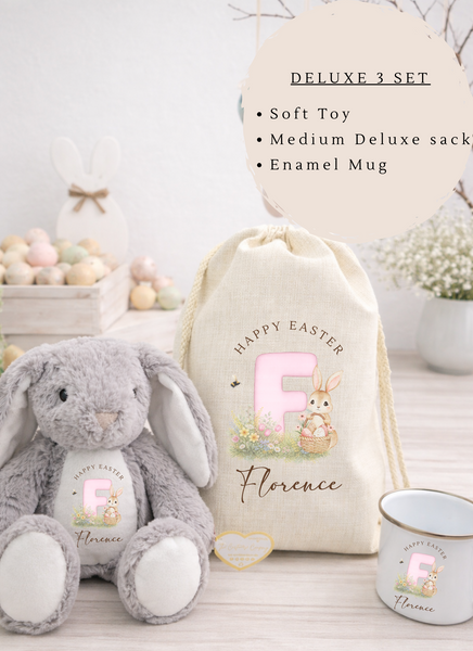 Deluxe Easter set with soft toy, medium deluxe sack, and enamel mug featuring 'Happy Easter' and 'Florence'.