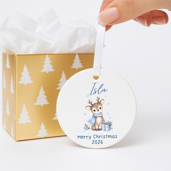 Personalised Penguin Or Reindeer Ceramic Hanging Bauble