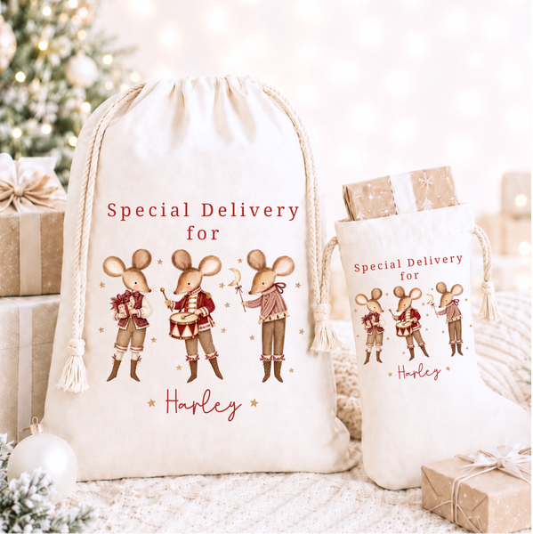 Personalised Baby’s First Christmas Stocking & Sack – Christmas Mice