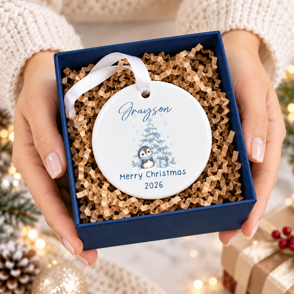 Personalised Penguin Or Reindeer Ceramic Hanging Bauble