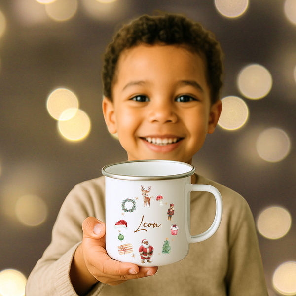 Personalised Kids Christmas Santa Enamel Mug & Coaster