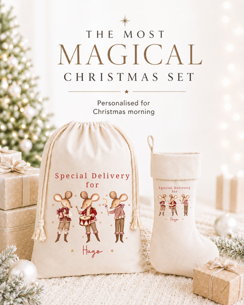 Personalised Baby’s First Christmas Stocking & Sack – Christmas Mice