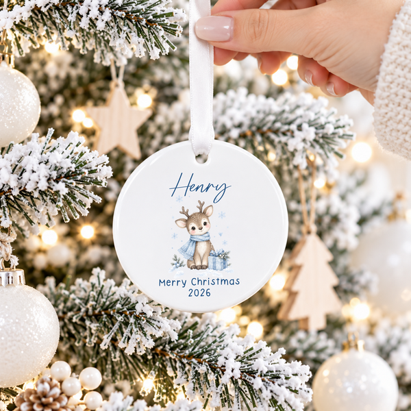 Personalised Penguin Or Reindeer Ceramic Hanging Bauble