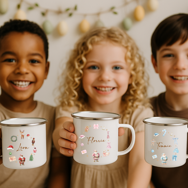 Personalised Kids Christmas Santa Enamel Mug & Coaster