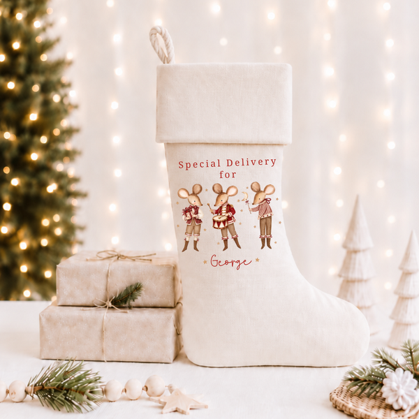 Personalised Baby’s First Christmas Stocking & Sack – Christmas Mice