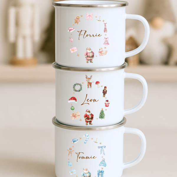 Personalised Kids Christmas Santa Enamel Mug & Coaster