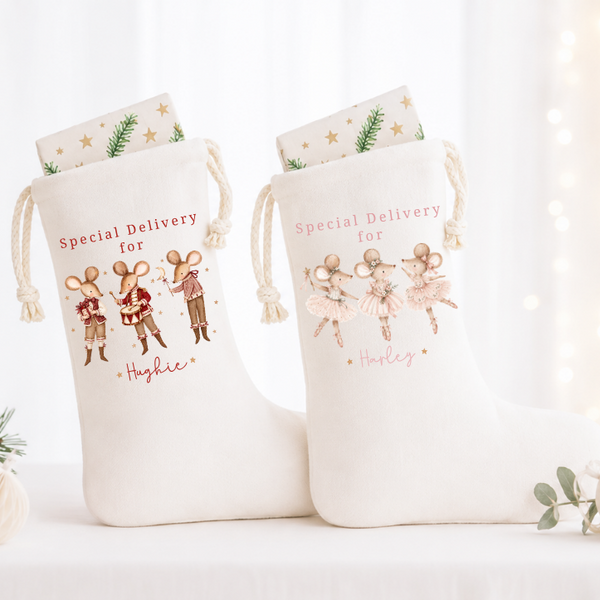 Personalised Baby’s First Christmas Stocking & Sack – Christmas Mice
