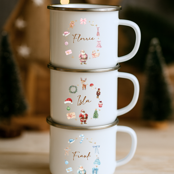 Personalised Kids Christmas Santa Enamel Mug & Coaster