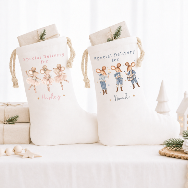 Personalised Baby’s First Christmas Stocking & Sack – Christmas Mice